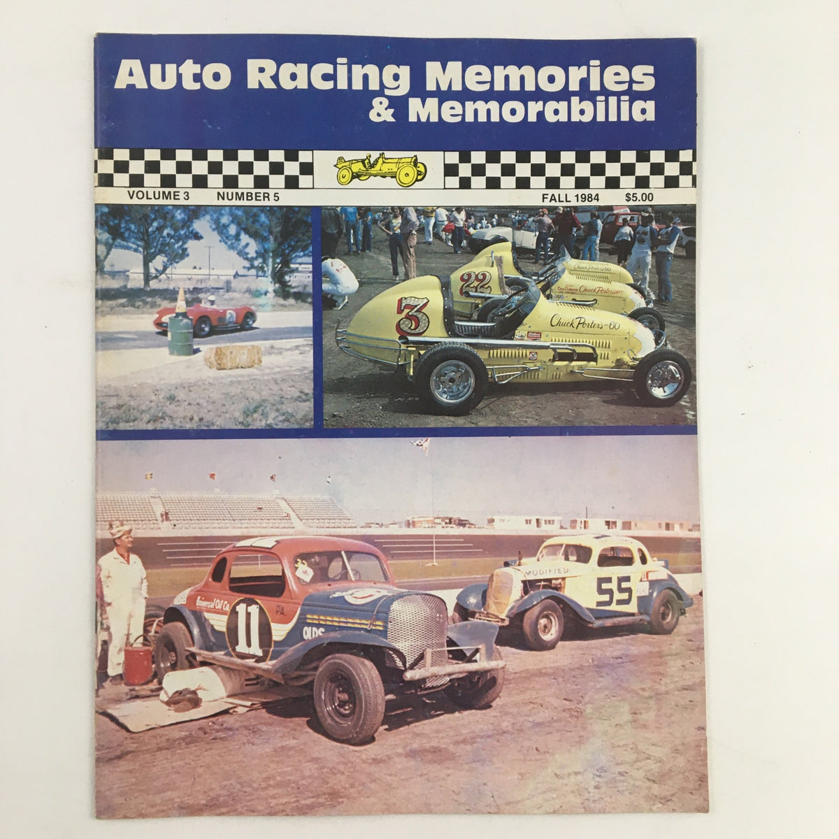 Cover of Auto Racing Memories & Memorabilia magazine from Fall 1984, featuring vintage midget race cars, with images of yellow race cars and a scene from the racetrack, reflecting the culture of Midwest midget car racing.