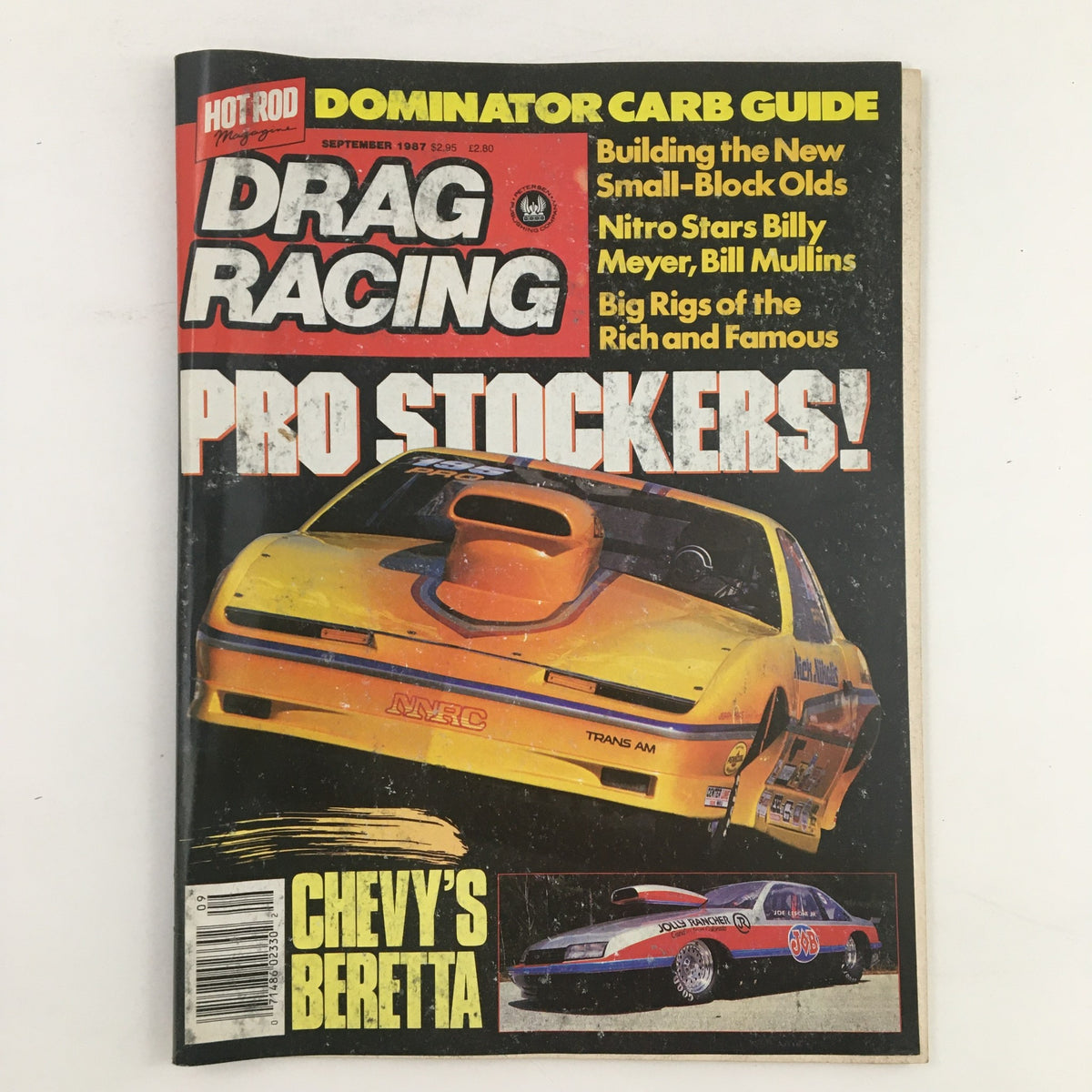 Cover of Hot Rod Magazine, September 1987, featuring 'Pro Stockers!' with an image of a yellow drag racing car, and mentions of Billy Meyer and Bill Mullins.