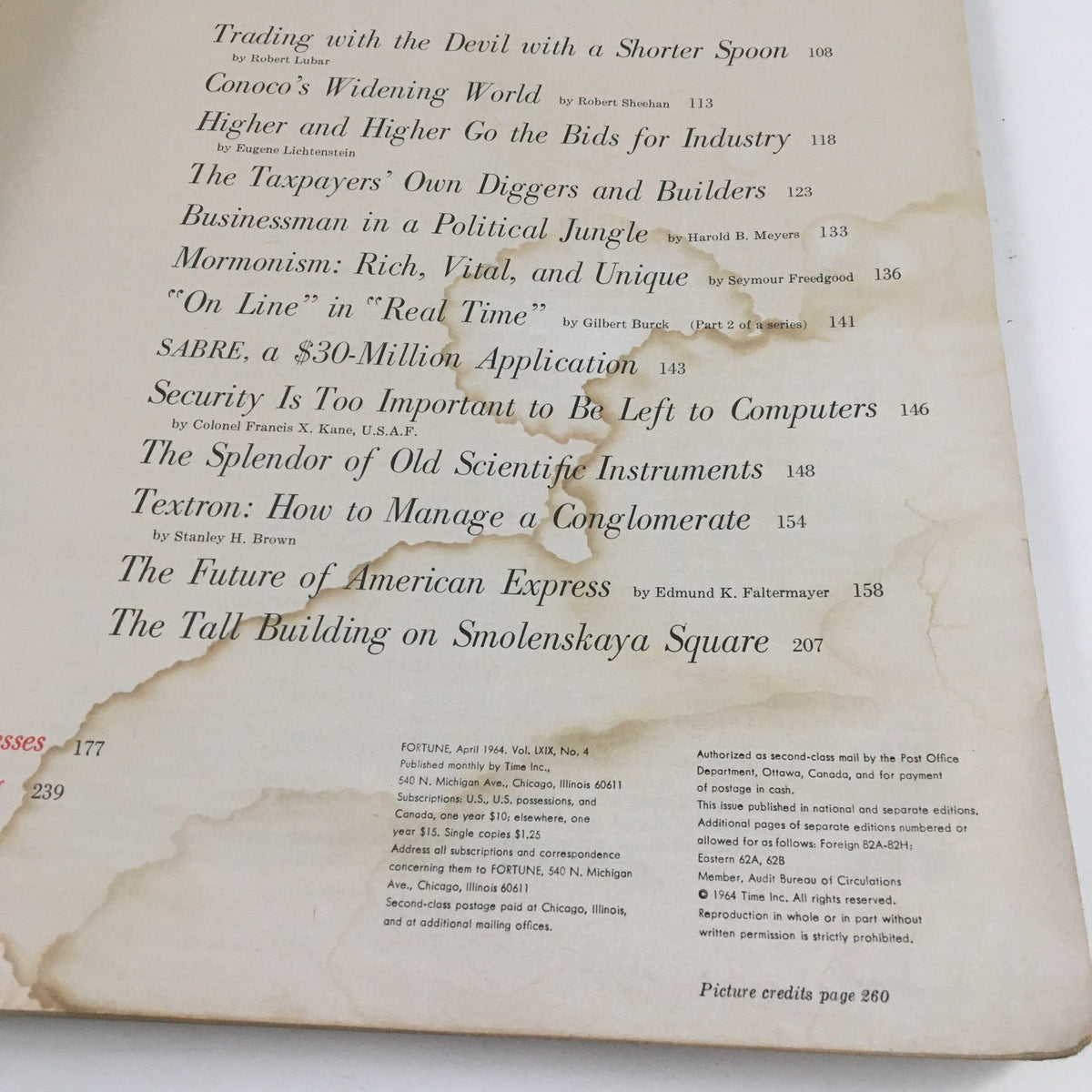 Alternate table of contents page from Fortune Magazine April 1964, detailing articles such as 'Trading with the Devil with a Shorter Spoon' and 'Future of American Express'.