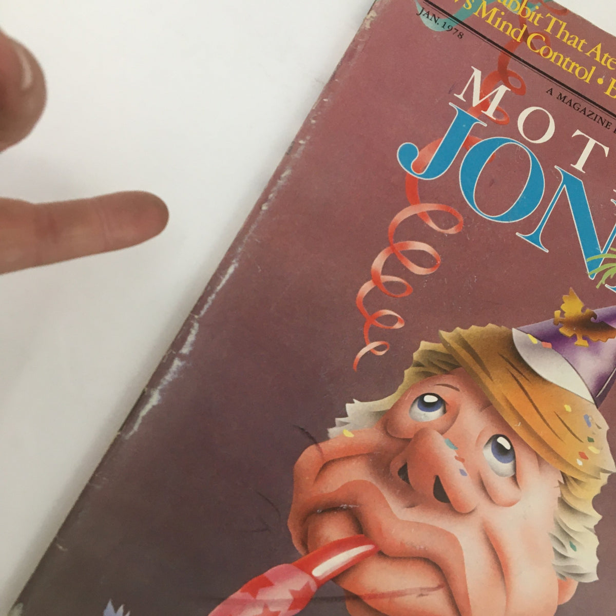 Cover image of Mother Jones Magazine, January 1978, titled 'The Party's Over, Jimmy Carter', featuring colorful artwork of a party hat and confetti, symbolizing the political atmosphere of the era.