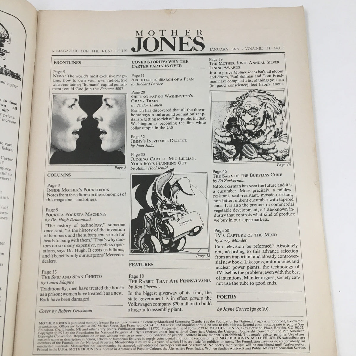 Contents page of Mother Jones Magazine, January 1978, with featured articles including 'Cover Stories: Why the Carter Party is Over', showcasing the magazine's editorial focus on political commentary from that time period.