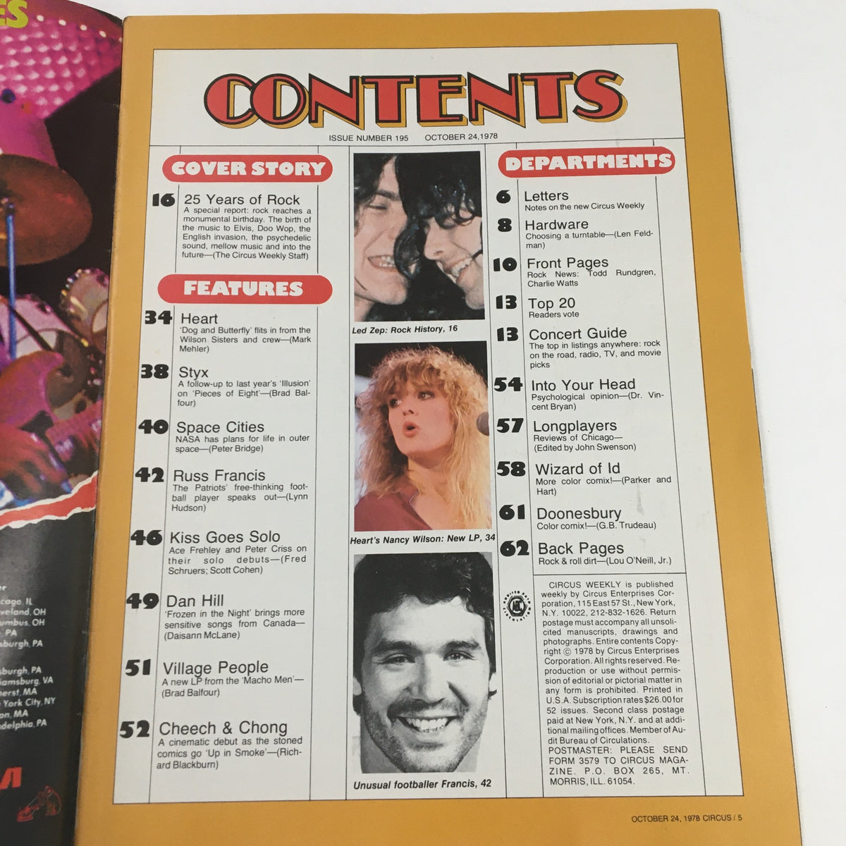 Contents page of Circus Weekly Magazine October 24, 1978, detailing features on rock music and artists including Heart and Styx.