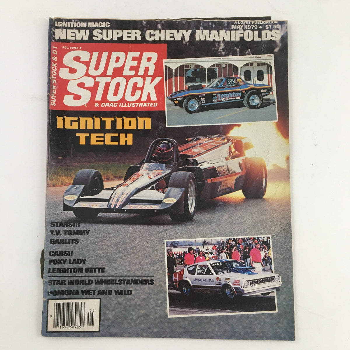 Cover of Super Stock Magazine May 1979 featuring automotive topics and drag racing, showcasing a dragster and muscle cars. Ideal for car enthusiasts.
