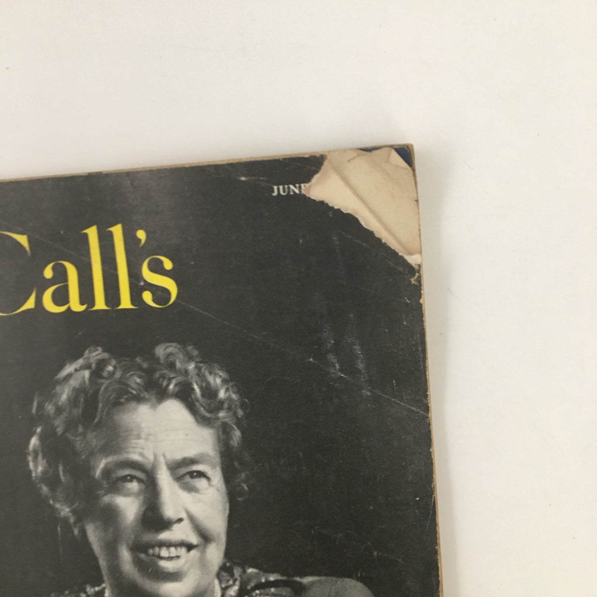 Close-up of the cover of McCall's Magazine June 1949 showcasing Anna Eleanor Roosevelt, highlighting her hairstyle and smile, representing the historical significance of the era.