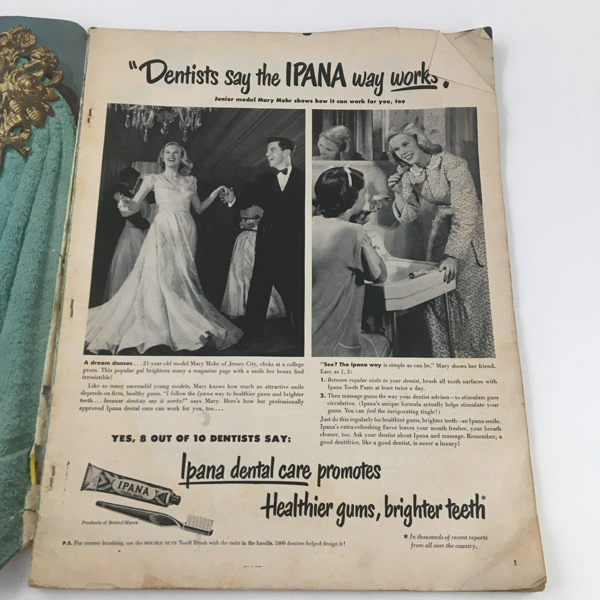 Interior page from McCall's Magazine June 1949, featuring an advertisement for IPANA dental care, illustrating nostalgic advertisement styles from the post-war era.