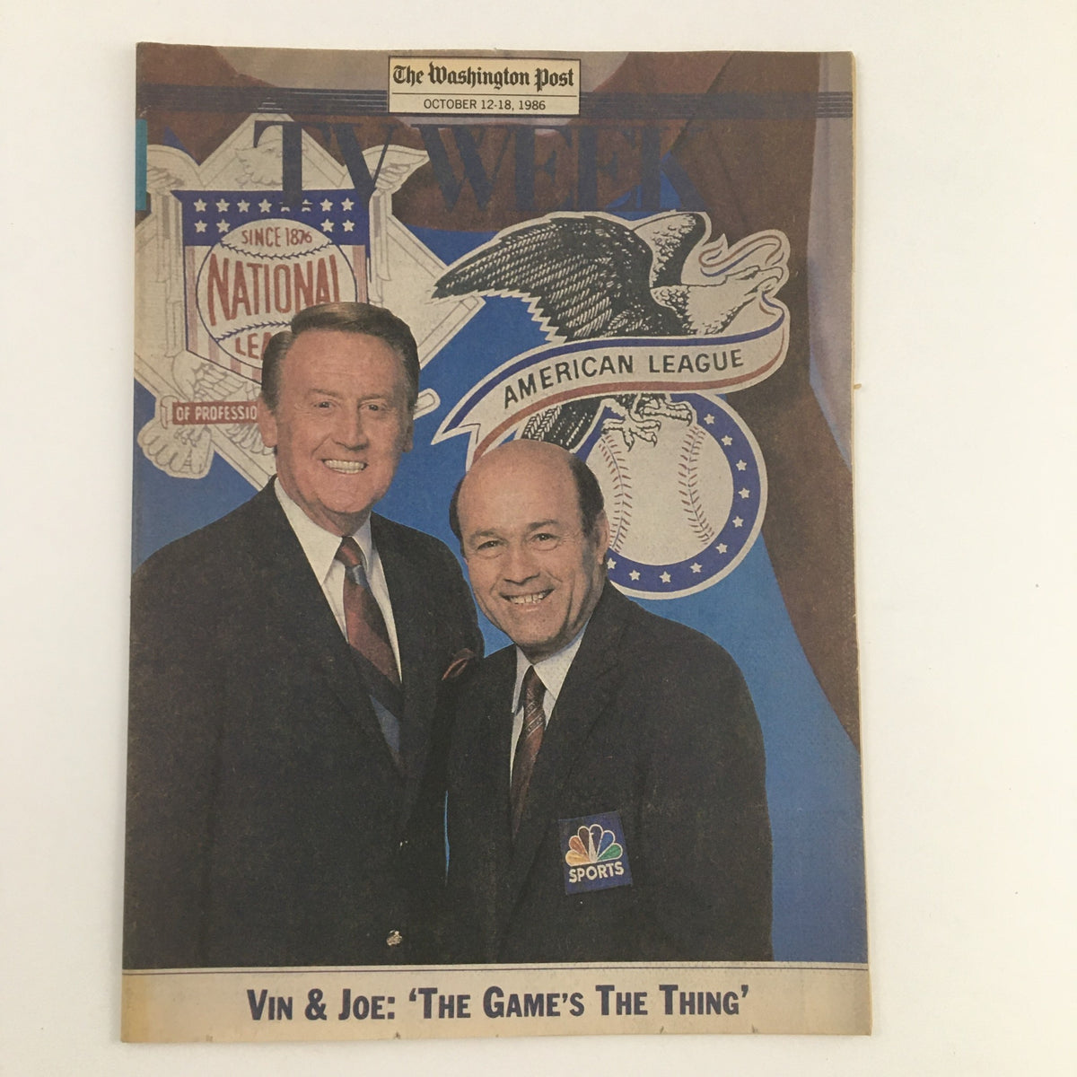 The Washington Post October 12-18 1986 cover featuring Vin & Joe with the headline 'The Game's The Thing'. This vintage magazine captures the essence of sports culture in the mid-1980s.