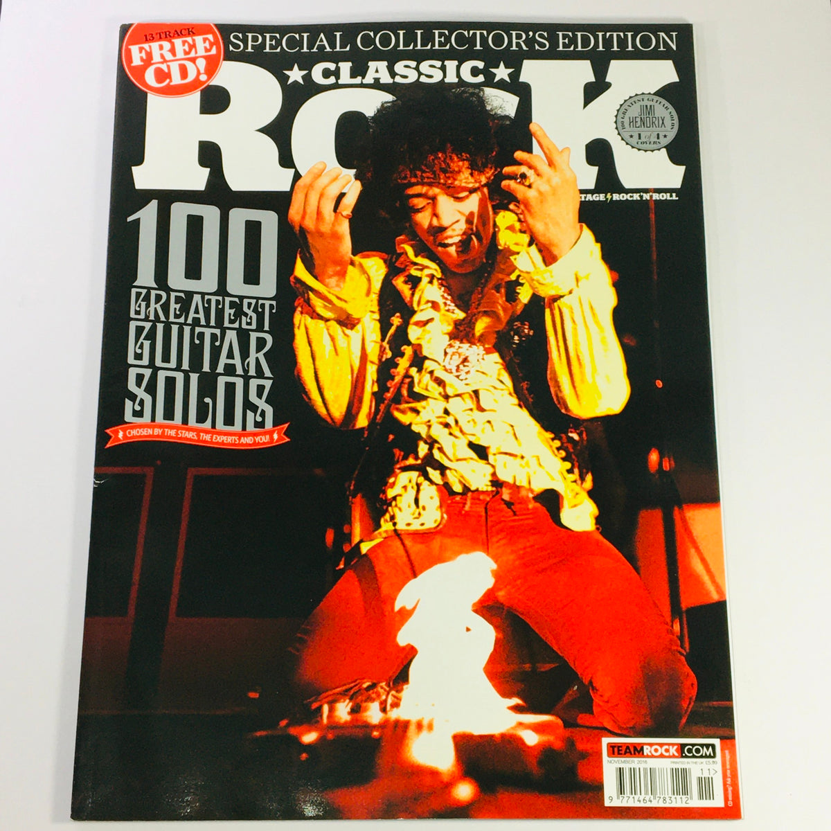 Classic Rock Magazine November 2016 #229 featuring Jimi Hendrix on the cover, showcasing the 100 Greatest Guitar Solos with vibrant imagery, ideal for collectors.