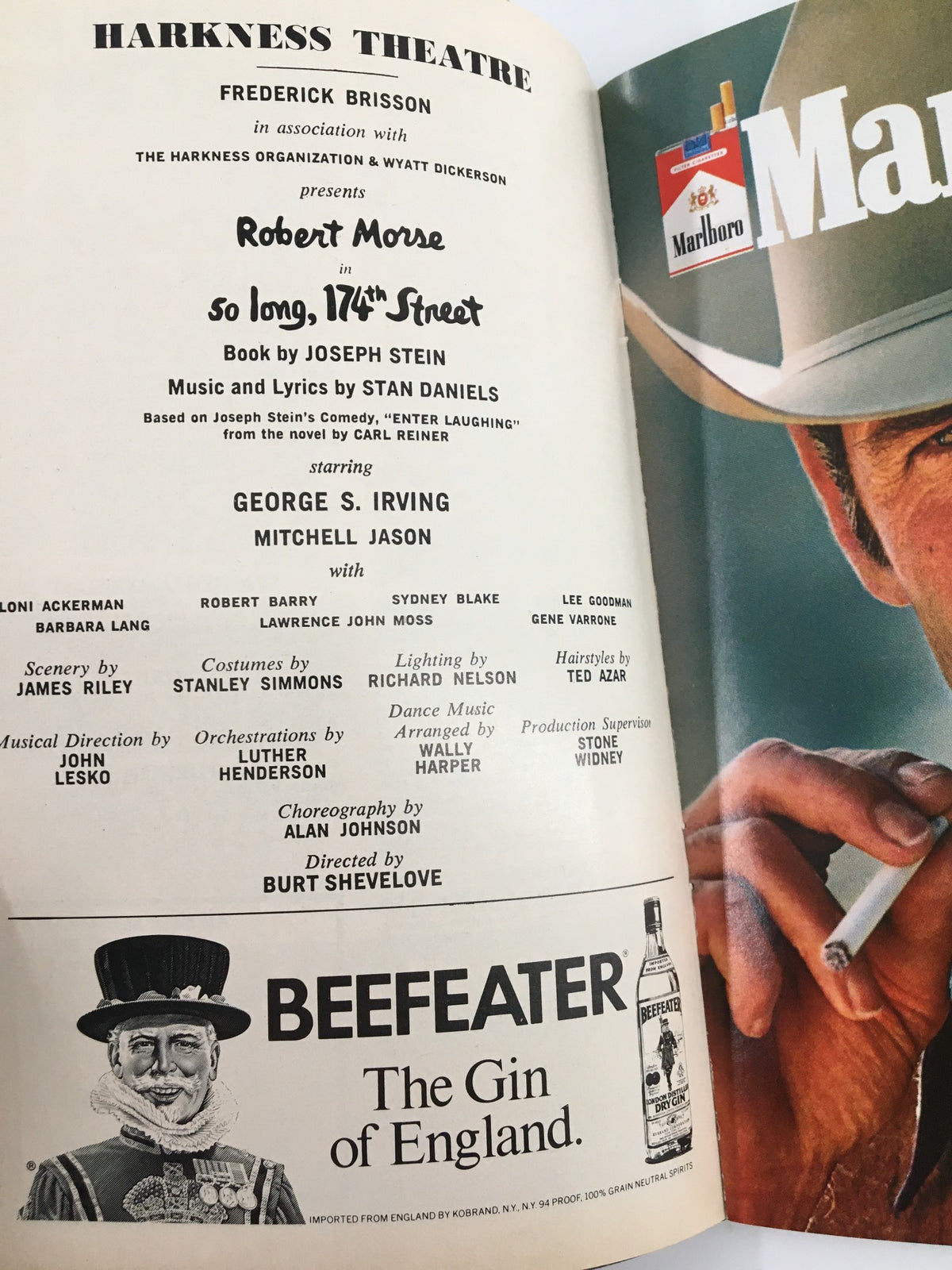 Interior page of the 1976 Playbill Harkness Theatre showcasing Robert Morse in So Long, 174th Street, featuring cast and creative team details alongside an advertisement.