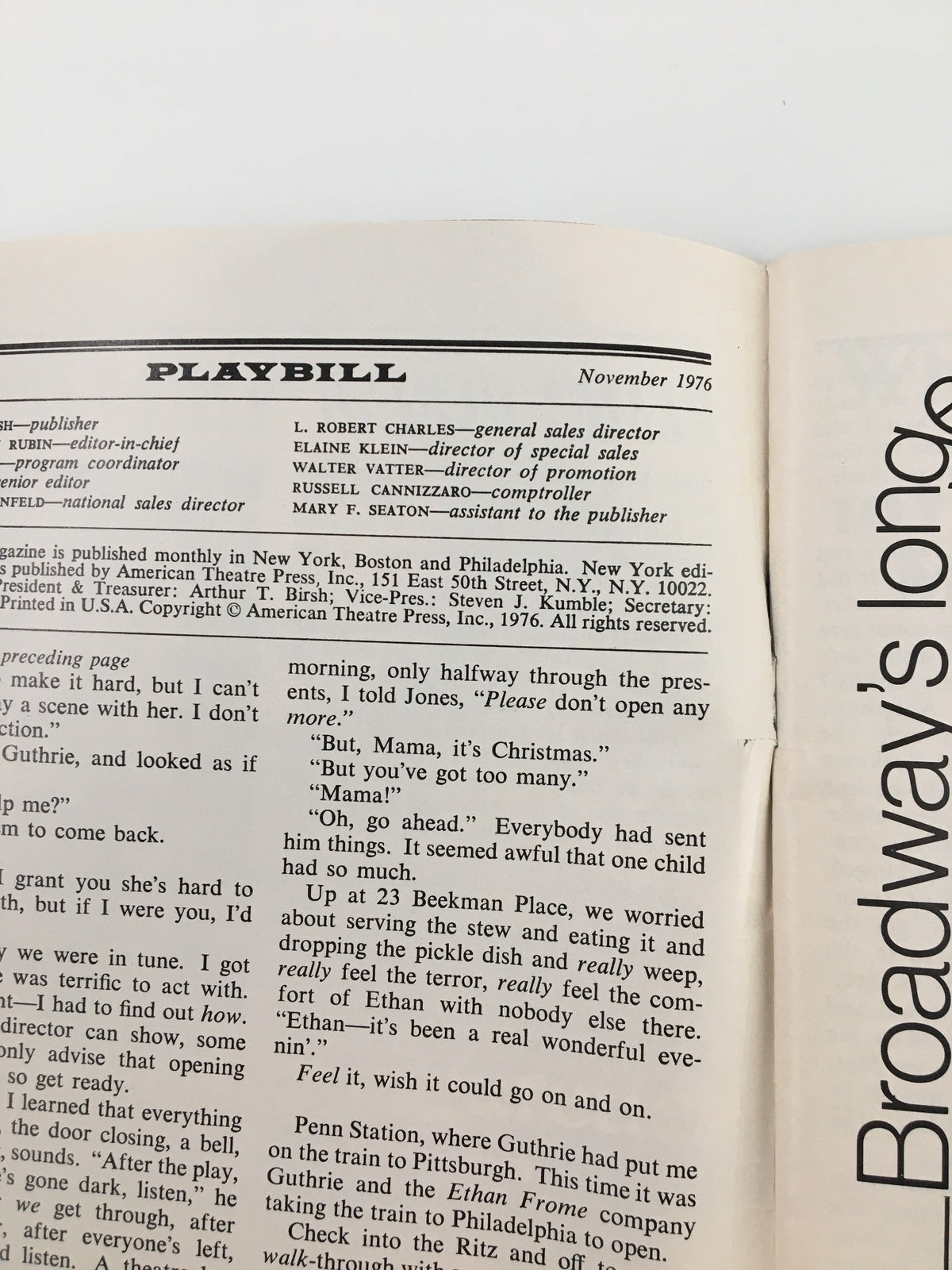 Interior page of the 1976 Playbill for 'Poor Murderer' at Ethel Barrymore Theatre, featuring publication details and text layout indicative of vintage Playbills.