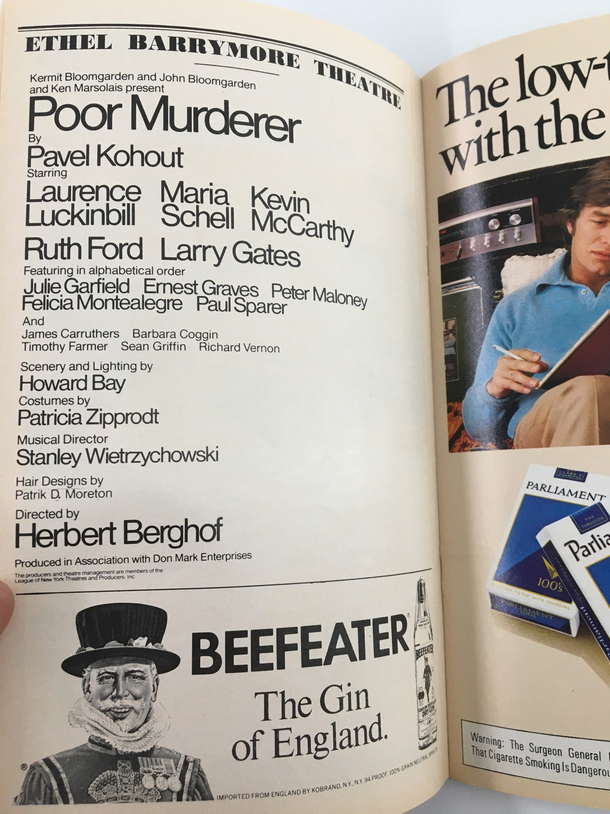 Another interior page from the 1976 Playbill for 'Poor Murderer' at Ethel Barrymore Theatre, listing the cast and creative team in a classic theatrical format.