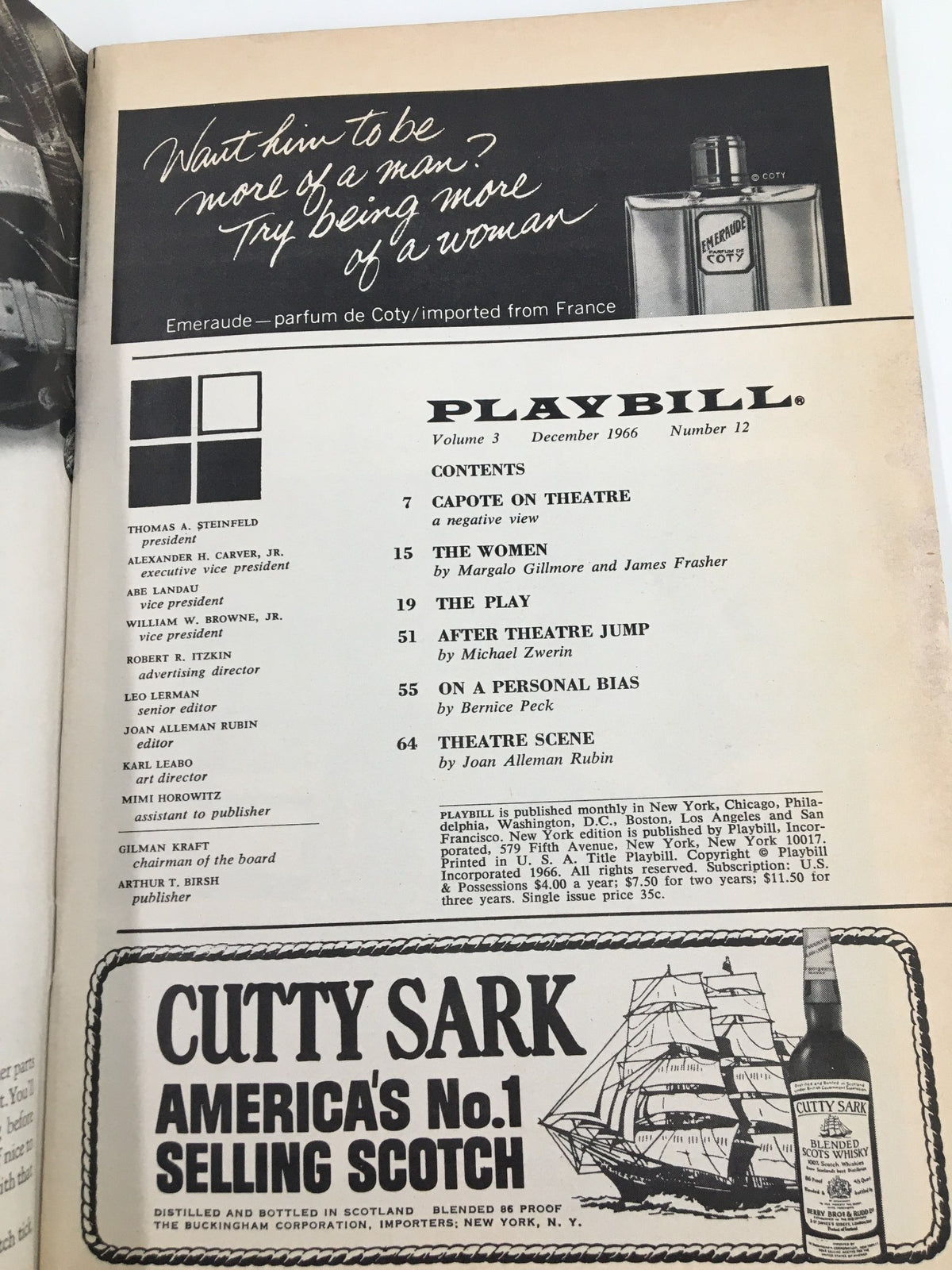 Detail from the 1966 Playbill for The Apple Tree at the Sam S. Shubert Theatre, showcasing theater contents and advertisements.