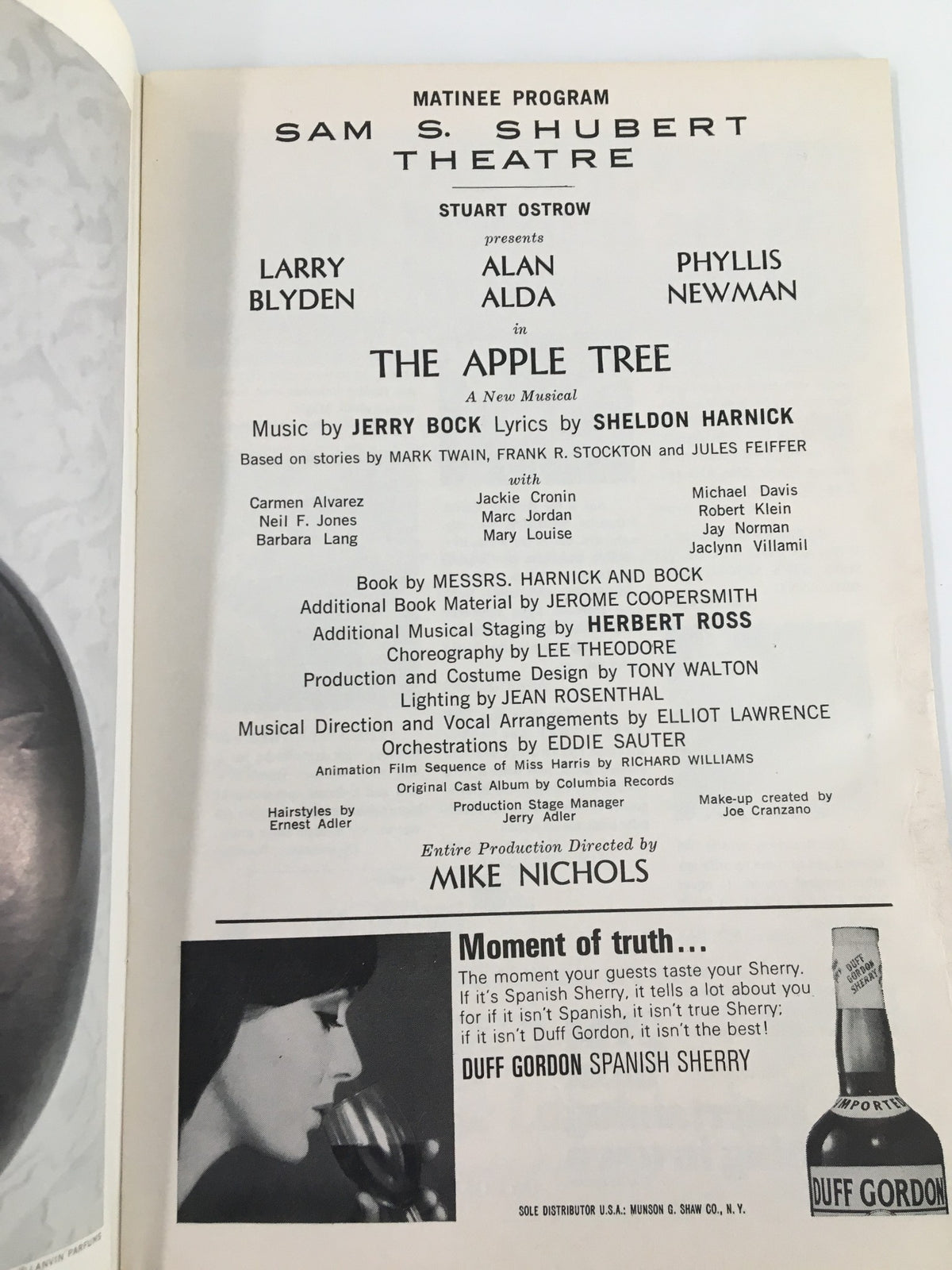 Page from the 1966 Playbill for The Apple Tree, featuring cast details including Larry Blyden and Alan Alda, presented by the Sam S. Shubert Theatre.