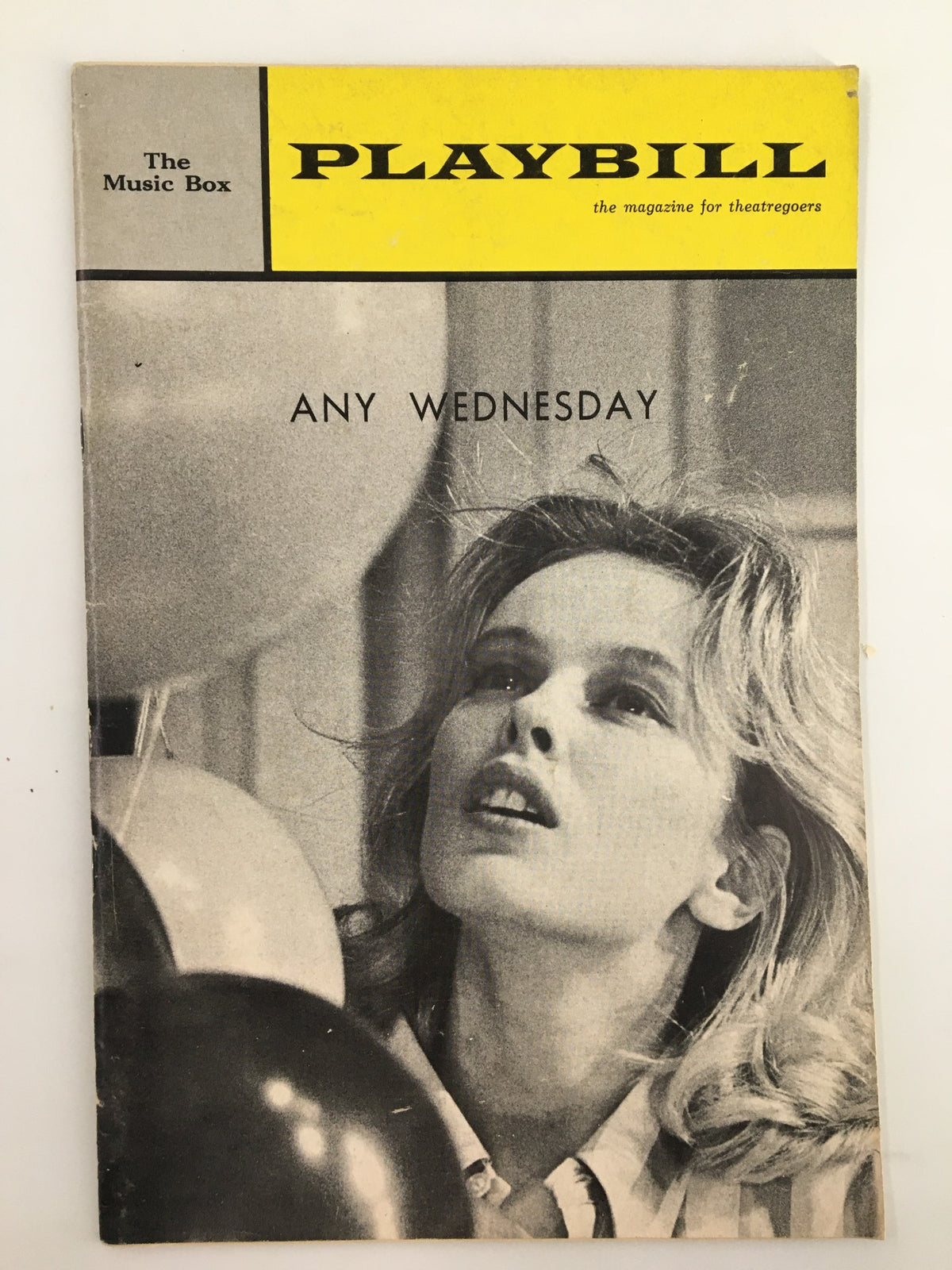 1964 Playbill The Music Box featuring Any Wednesday, showcasing actress Sandy Dennis on the cover with a vintage design and classic theatrical elements.