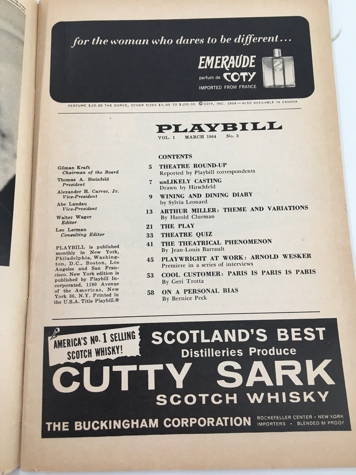 Inside page of the 1964 Playbill for Nobody Loves An Albatross, featuring the contents and advertisements, capturing the essence of Broadway history.