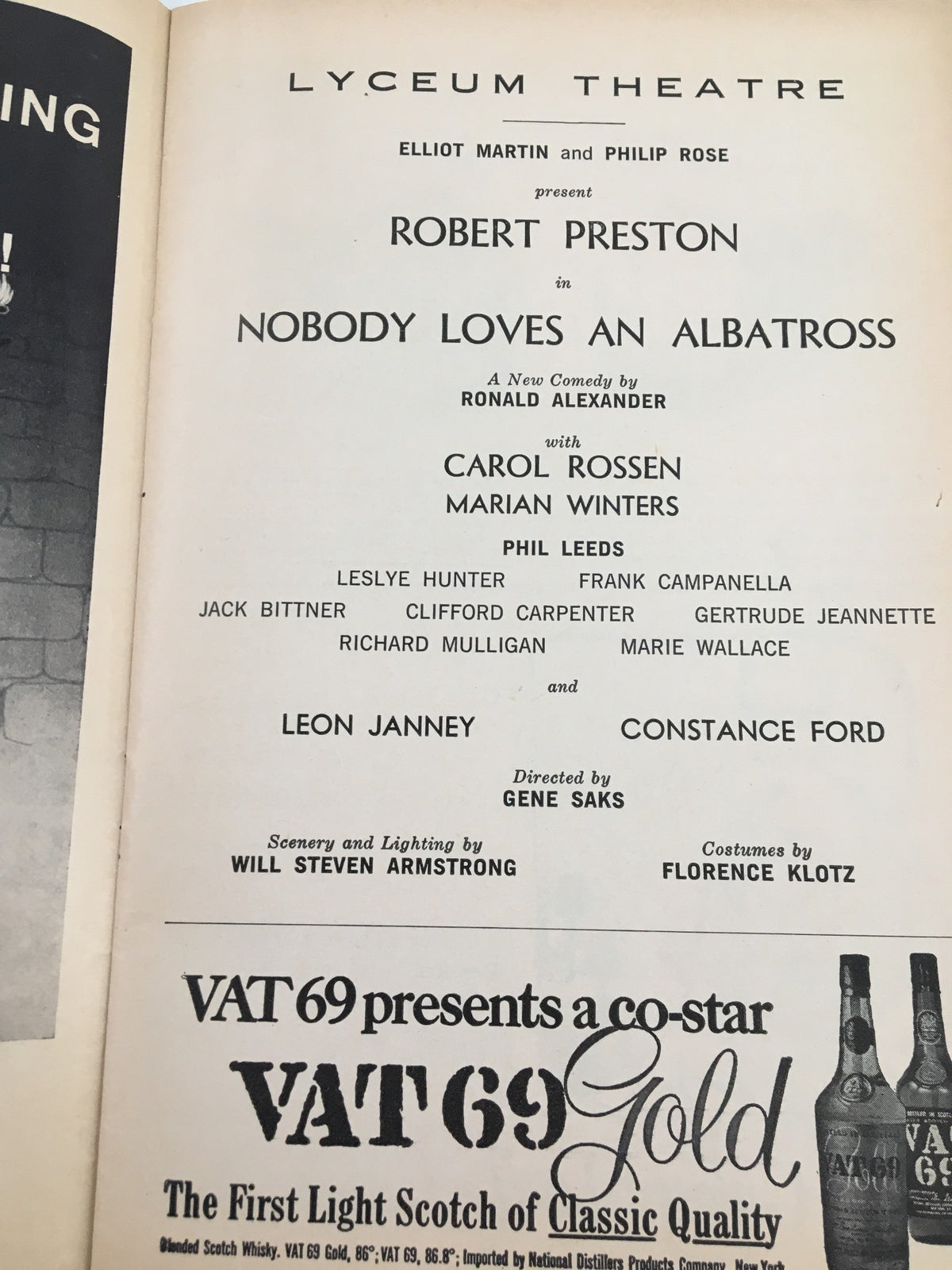 Lyceum Theatre page from the 1964 Playbill highlighting Robert Preston's role in Nobody Loves An Albatross, including cast information and production details.