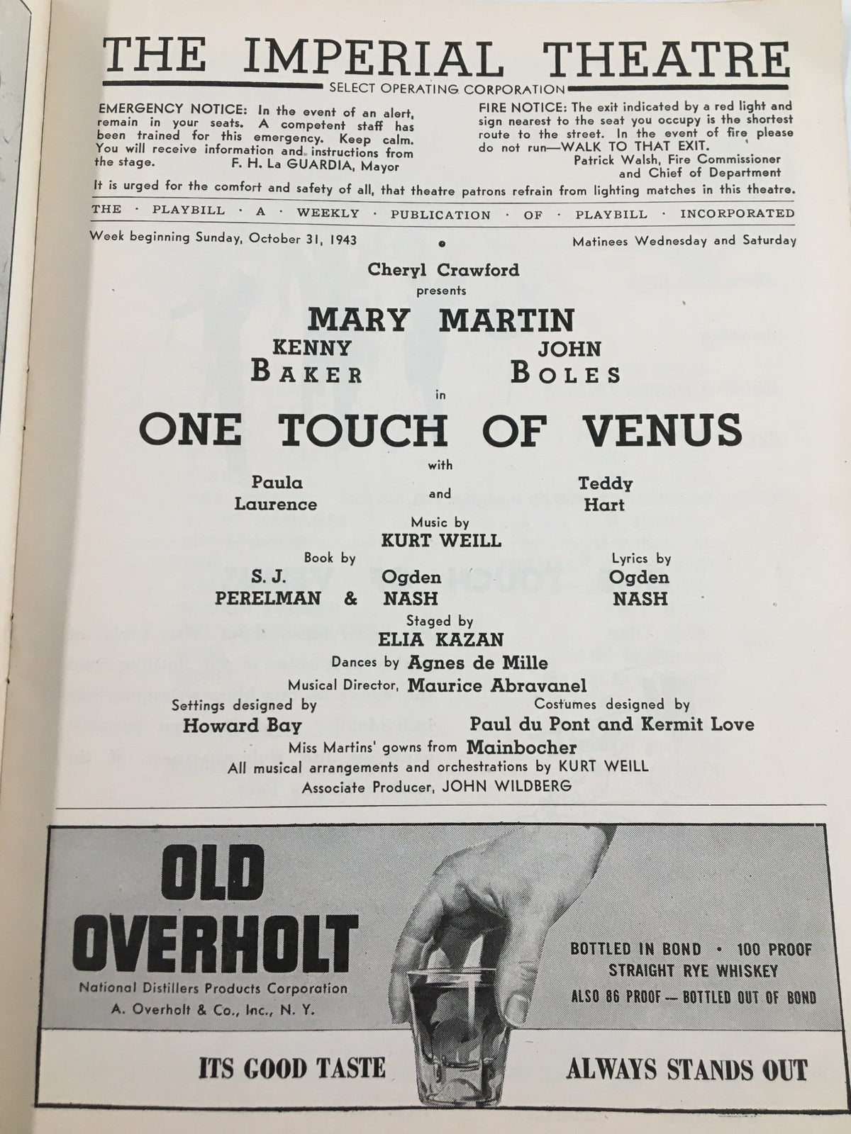 1943 Playbill The Imperial Theatre highlighting the production details of One Touch of Venus, with information about Mary Martin, Kenny Baker, and the cast including show specifics.