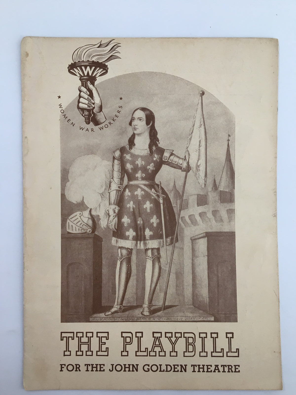 1943 Playbill for the John Golden Theatre featuring an illustration of a woman in armor holding a flag, representing Women War Workers, and promoting the play 'Angel Street' starring Judith Evelyn and Ferdi Hoffman.