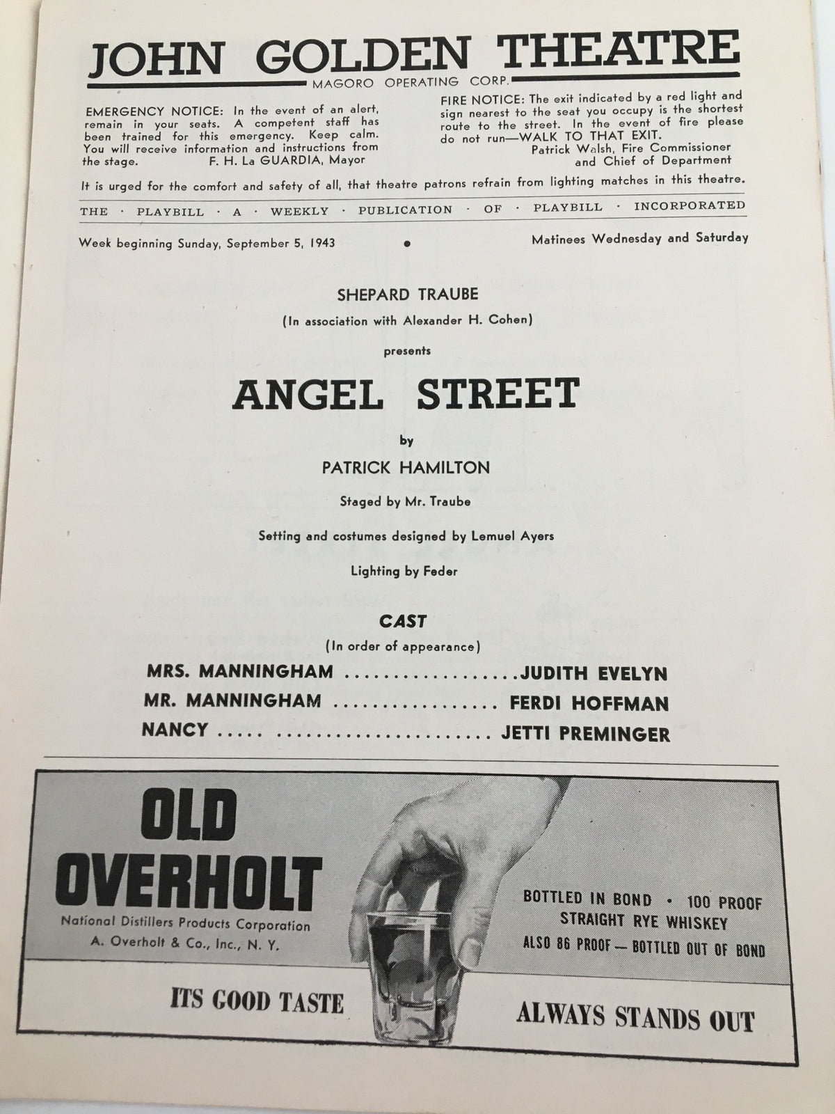 1943 Playbill for 'Angel Street' at John Golden Theatre featuring performances by Judith Evelyn and Ferdi Hoffman, highlighting cast details and a vintage advertisement for Old Overholt whiskey.