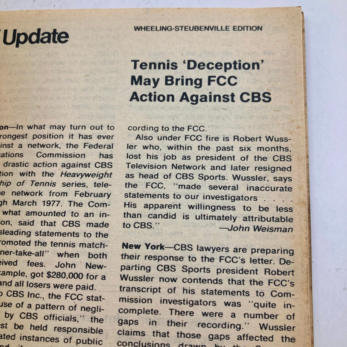 An article from TV Guide Magazine April 1 1978 discussing potential FCC action against CBS regarding sports programming controversies.