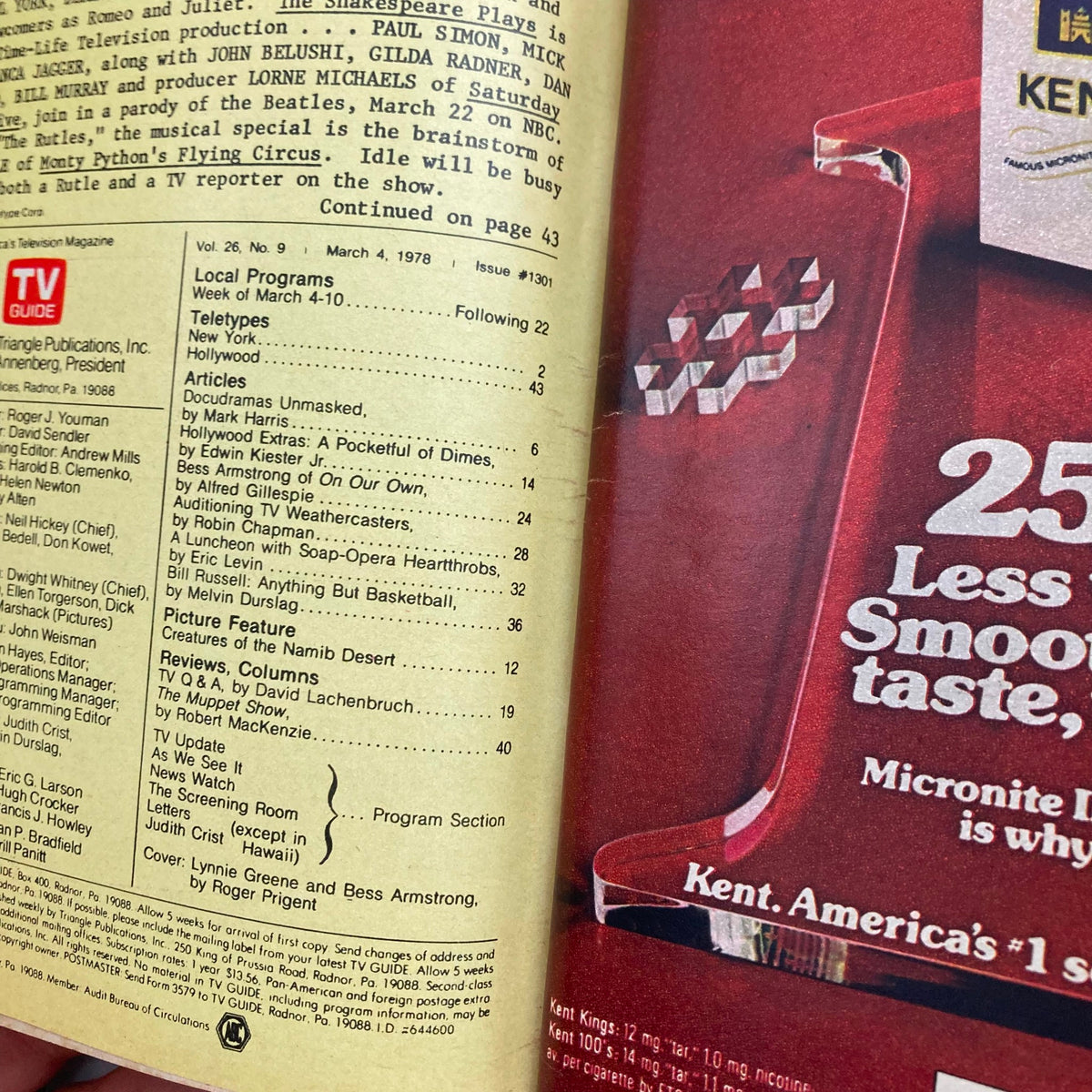 Page from TV Guide Magazine March 4 1978 featuring local programs and articles including a cover photo of Lynnie Greene and Bess Armstrong, showcasing television listings and advertisements.