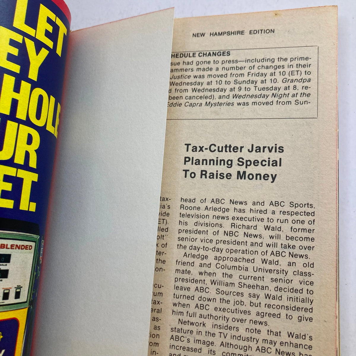 Interior page of TV Guide Magazine September 16 1978 #1329 featuring an article about TV schedule changes and tax-cutter Jarvis planning a special to raise money. The New Hampshire edition provides insights into television programming for the week.