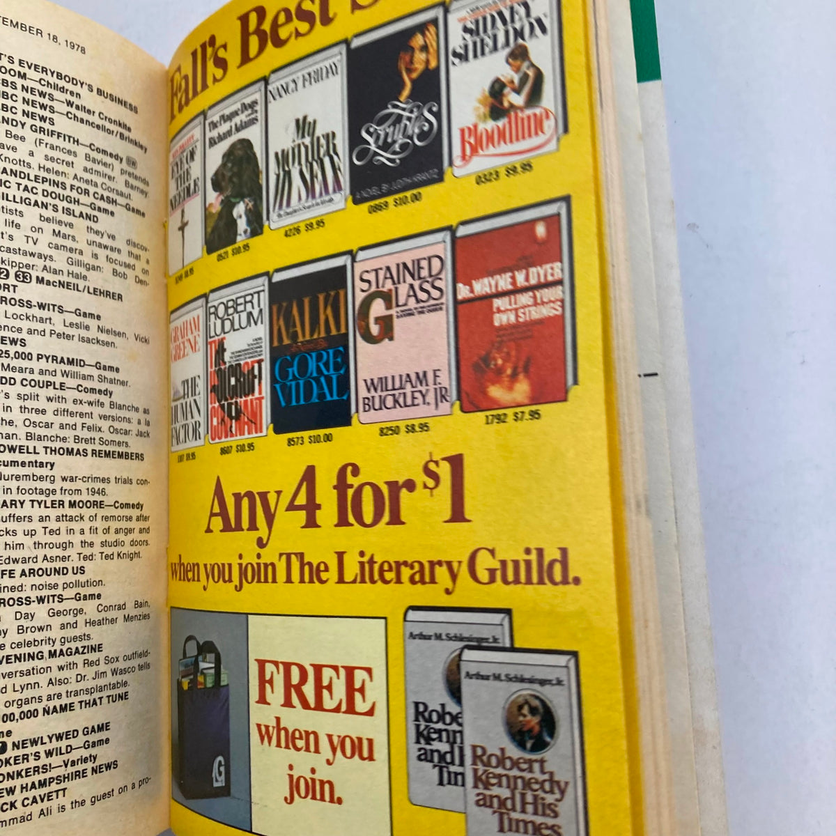 Another interior page of TV Guide Magazine September 16 1978 #1329 showcasing book advertisements as part of the Fall's Best selections, along with promotional offers from The Literary Guild.
