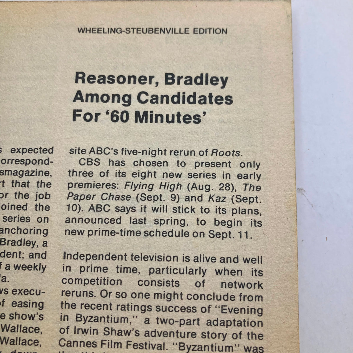 Inside page of TV Guide Magazine September 2 1978 featuring articles on television and programming, highlighting candidates for '60 Minutes' and the Wheeling-Steubenville Edition.