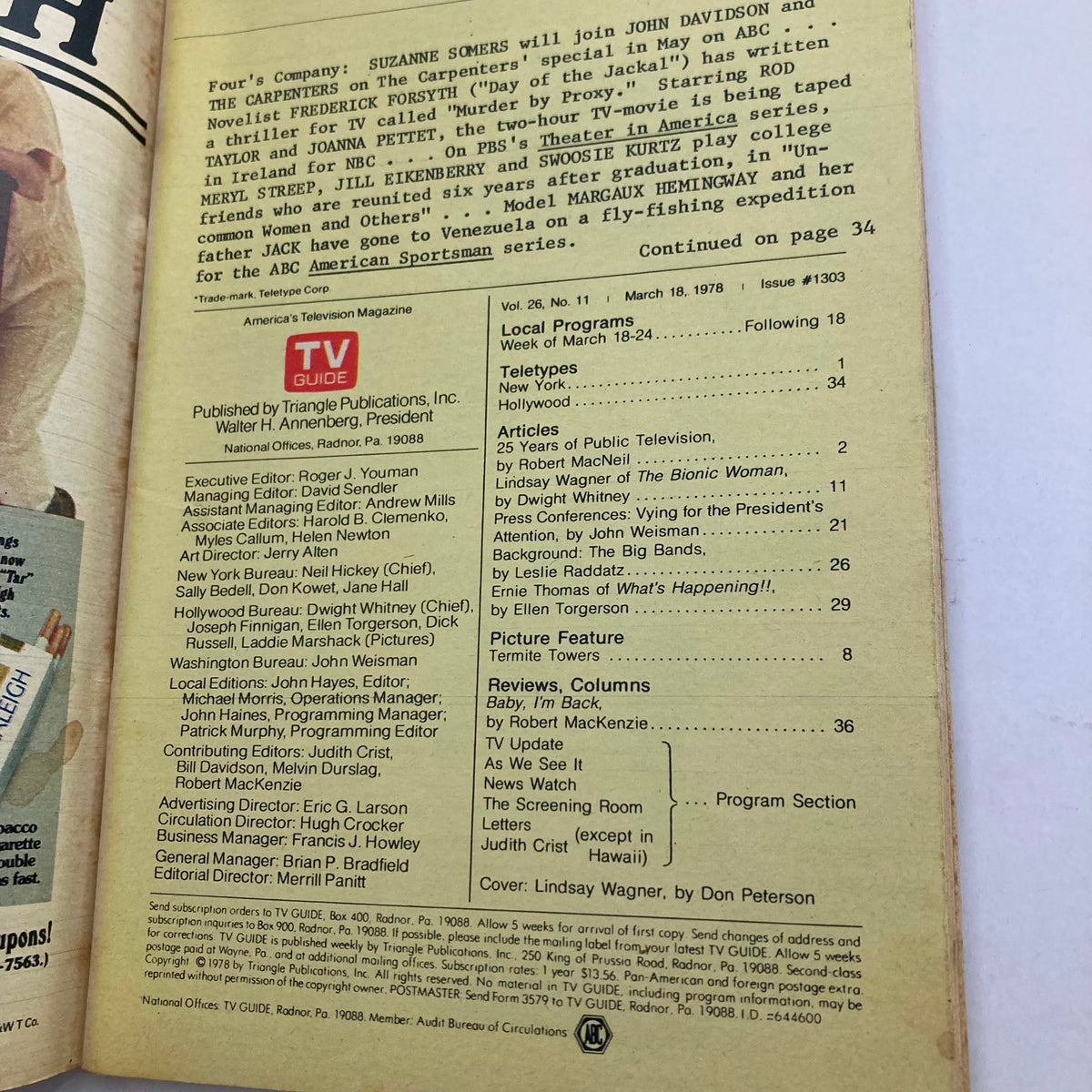 Inside page of TV Guide Magazine March 18 1978, showing listings and articles including notable contributors and features on local television.