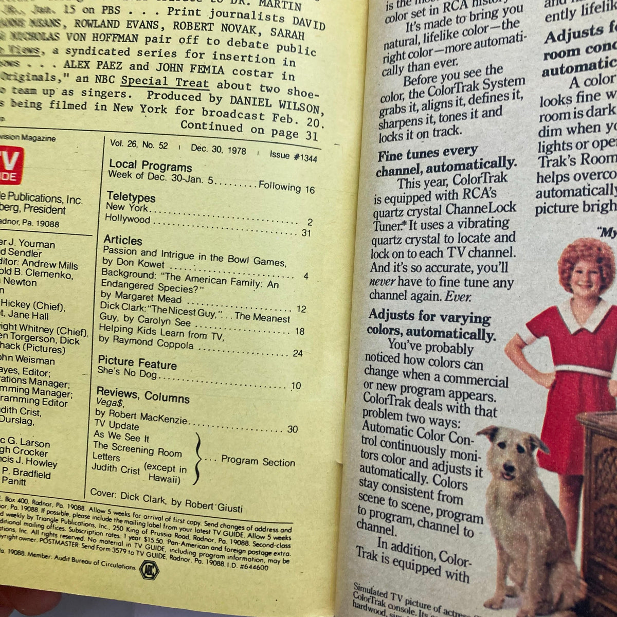 Inside page of TV Guide Magazine December 30 1978 #1344 displaying local programs and articles including Dick Clark, with a vintage design layout.