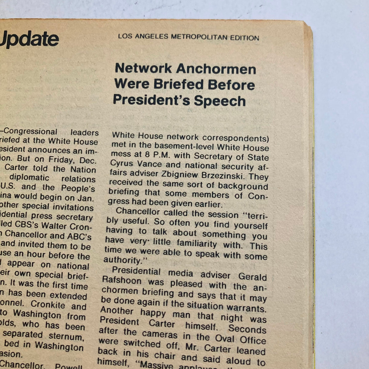 Image of a vintage article titled 'Network Anchormen Were Briefed Before President's Speech' from TV Guide Magazine December 30 1978 #1344 Dick Clark LA Metro Edition, highlighting a briefing session for network correspondents before a presidential address.