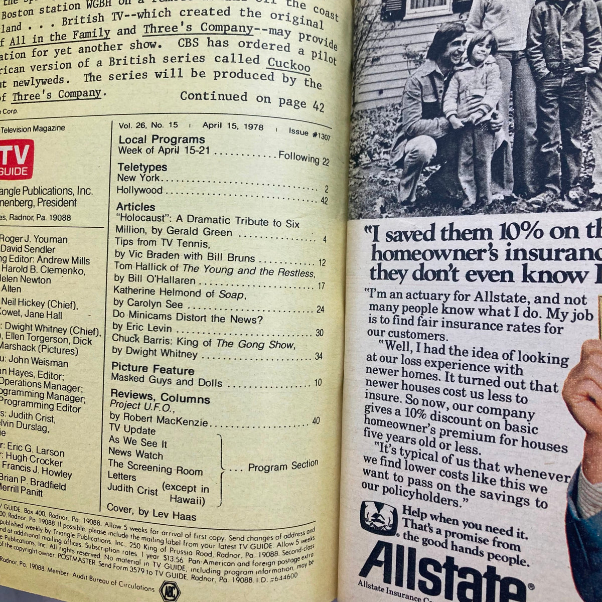 Inside page of TV Guide Magazine April 15 1978, showcasing articles and teletype listings, including coverage of the Holocaust miniseries and various television shows.