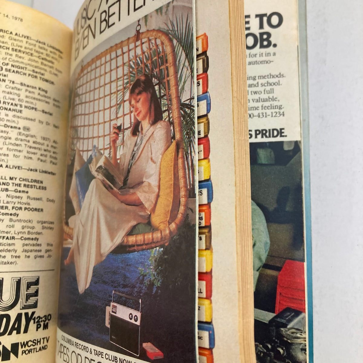 A retro image from TV Guide August 12, 1978 showing a woman reading while relaxing in a hanging chair, highlighting advertising and lifestyle from the era.