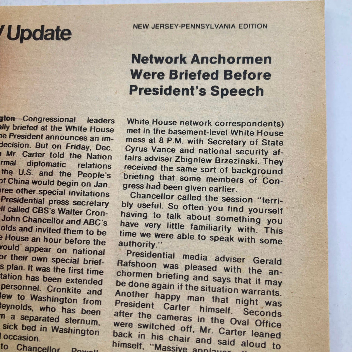 An article page from TV Guide Magazine December 30 1978 #1344 detailing news about network anchormen being briefed before the President's speech, showcasing the political content of the time.
