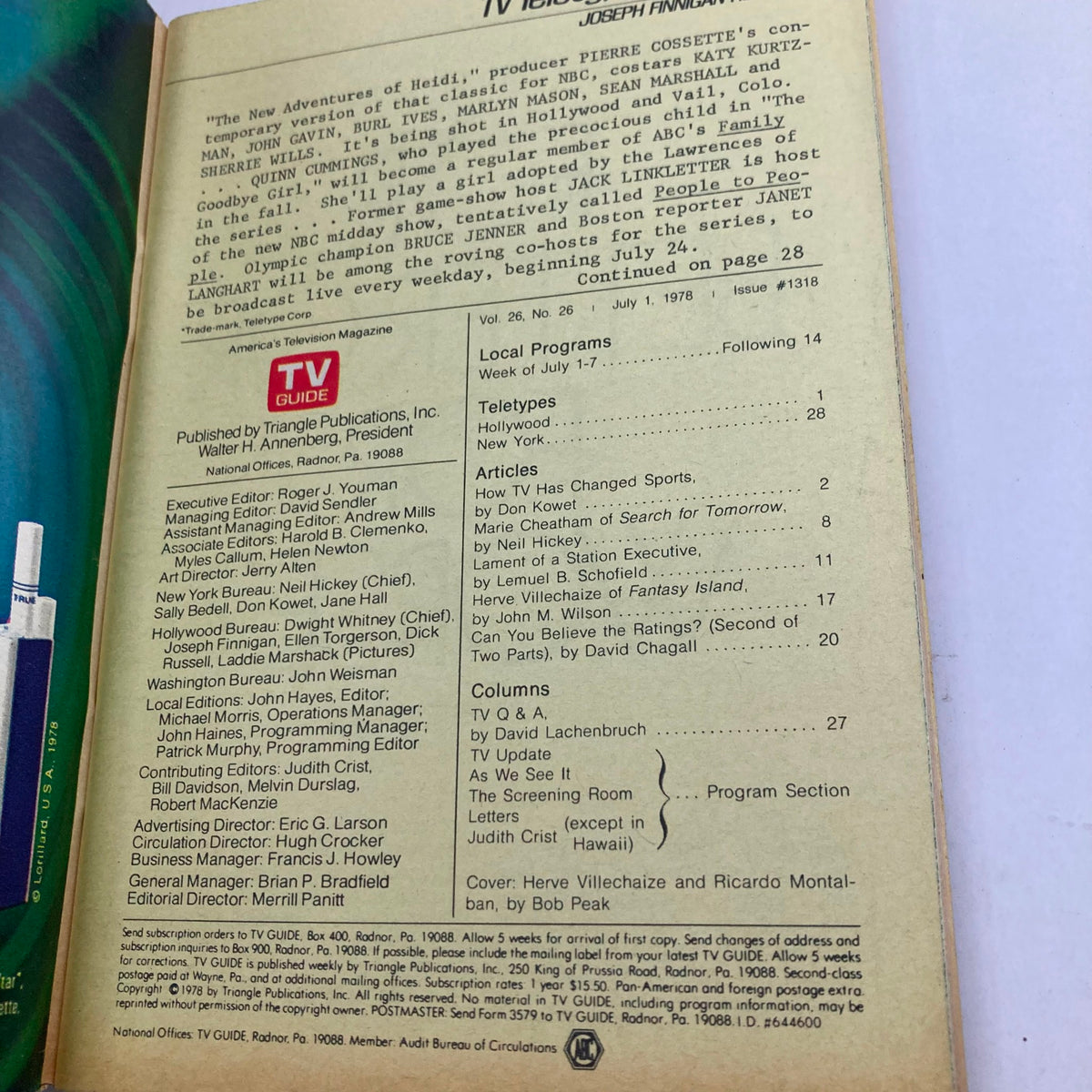 Back cover of TV Guide Magazine July 1 1978 #1318, showcasing articles and local program listings, including details on the New Adventures of Heidi and an interview with Herve Villechaize.
