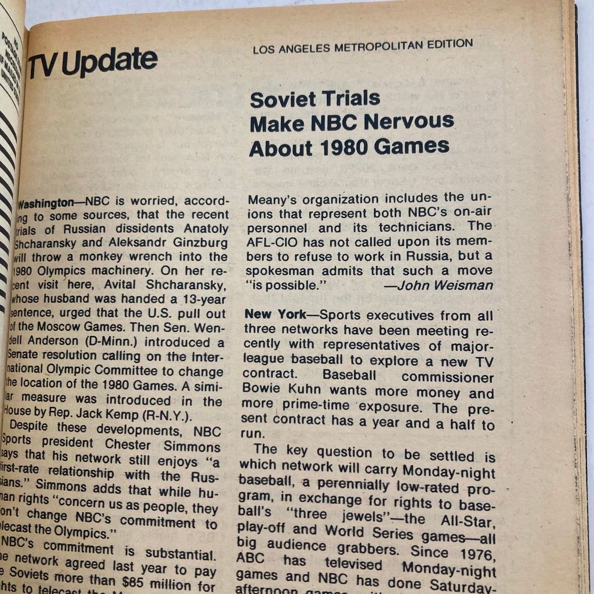 Inside page of TV Guide Magazine July 29 1978 providing an update on TV programs, featuring articles about the network's coverage of the 1980 Olympics and the impact of Soviet trials.