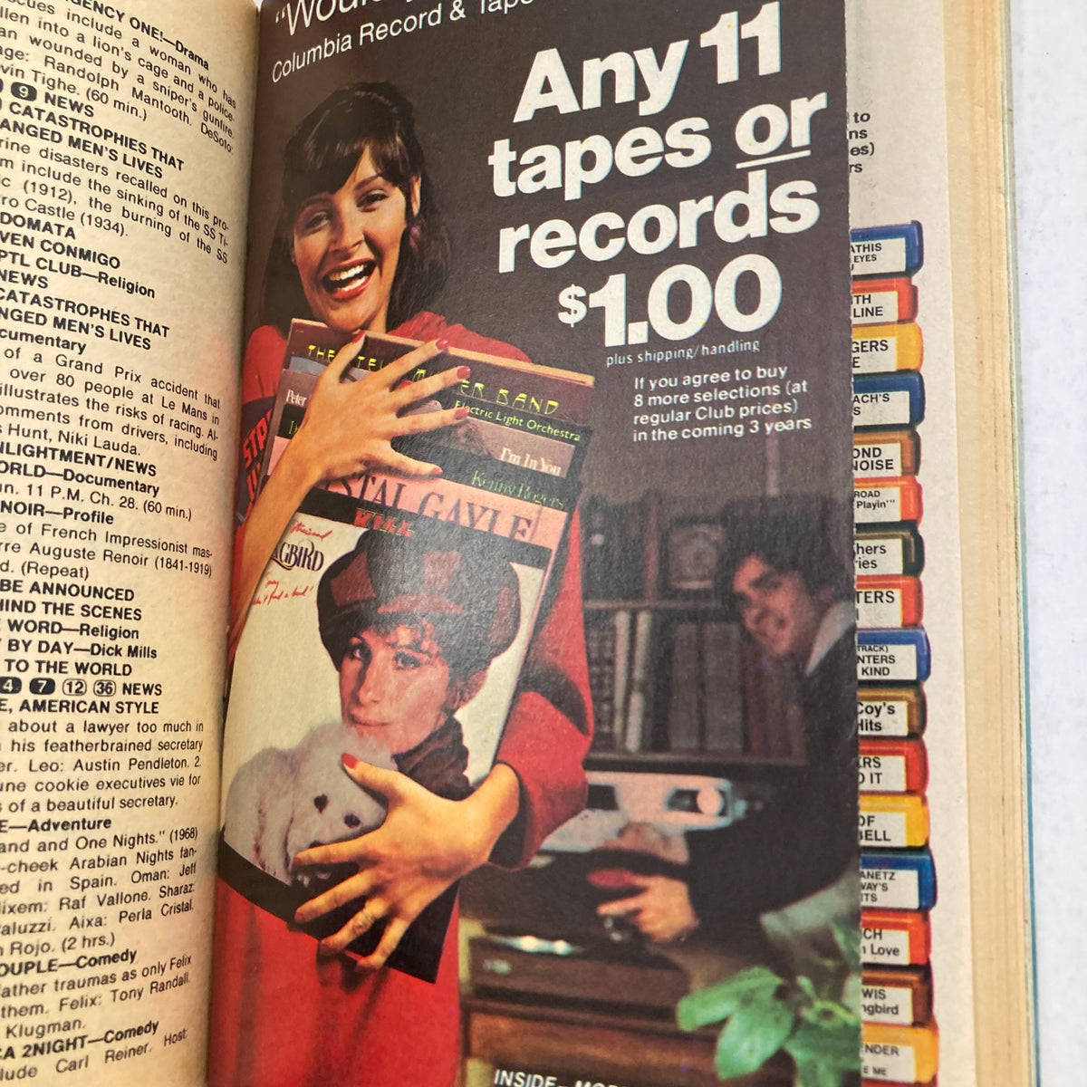 TV Guide Magazine August 12 1978 #1324 featuring a woman holding records and tapes, showcasing a promotional Columbia Record & Tape Club offer for 11 tapes or records for $1.00. This image highlights a nostalgic moment in music history.