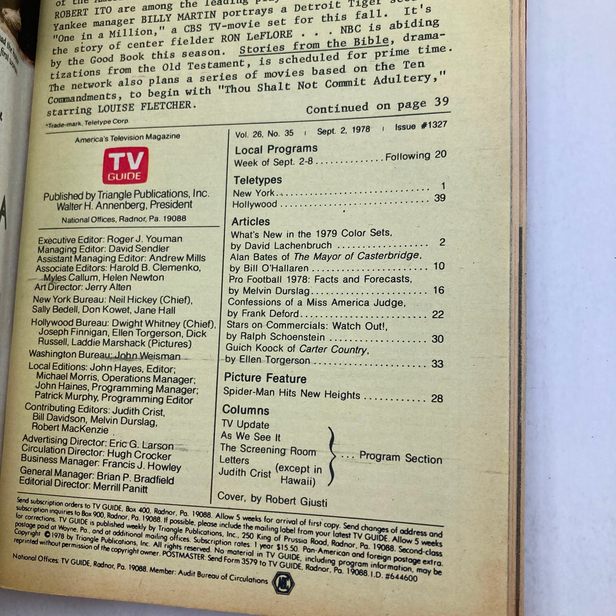 Inside page of TV Guide Magazine, September 2, 1978, issue #1327, outlining local programs and articles, including Pro Football '78 and movie features.
