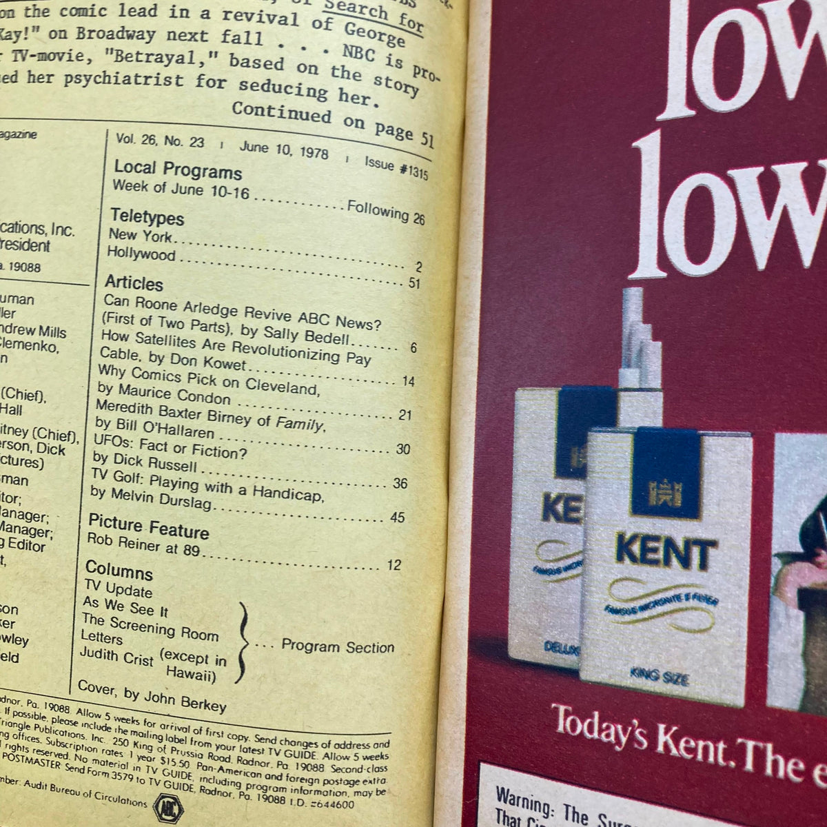 Interior page of TV Guide Magazine June 10 1978 listing local programs, articles, and features. Highlights include a section on UFOs and a TV update, emphasizing the nostalgia of television programming from that era.