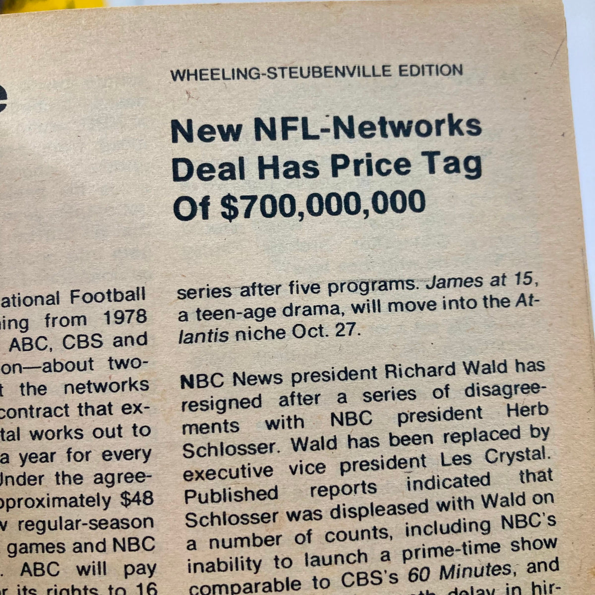 An article snippet from TV Guide Magazine October 15, 1977 discussing a new NFL-Networks deal worth $700,000,000. This page is part of the Wheeling-Steubenville edition.