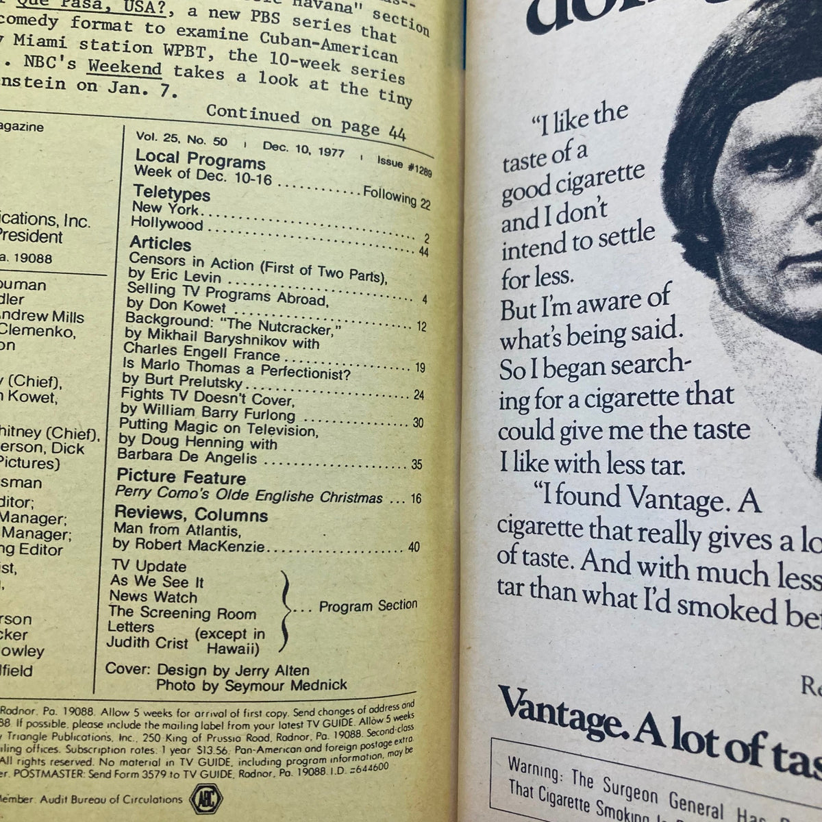 Interior page of TV Guide Magazine December 10 1977 showcasing local program listings and articles including features on television censorship and movie highlights.
