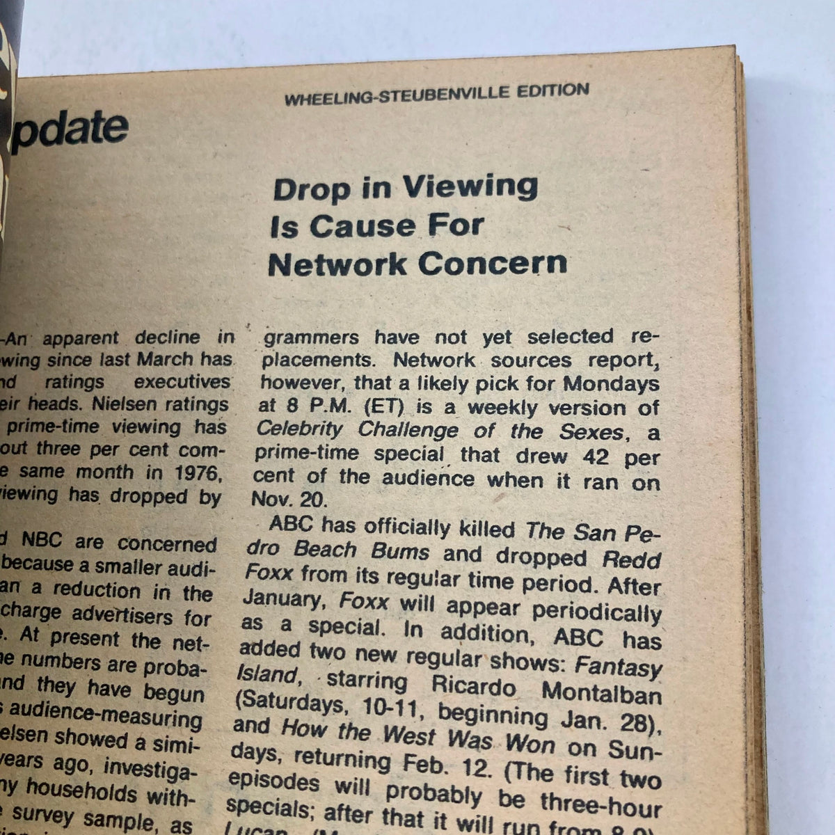 Page from TV Guide Magazine December 10 1977 with an article discussing the decline in viewership and network concerns, part of the Wheeling-Steubenville edition.