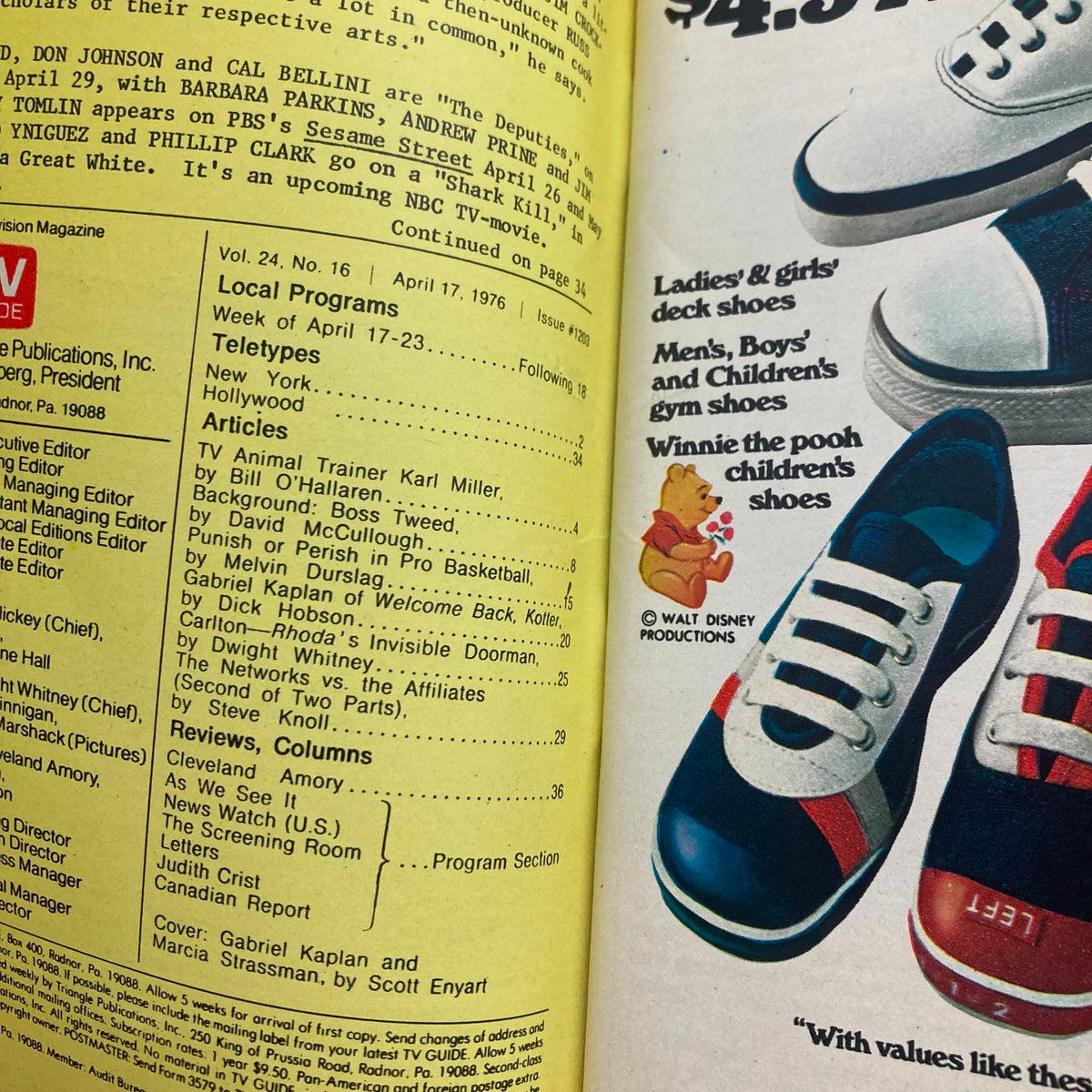 Inside page of the April 17, 1976 TV Guide Magazine displaying local programs and articles including a feature on Gabriel Kaplan. The magazine highlights television content from the era, emphasizing its historical significance.