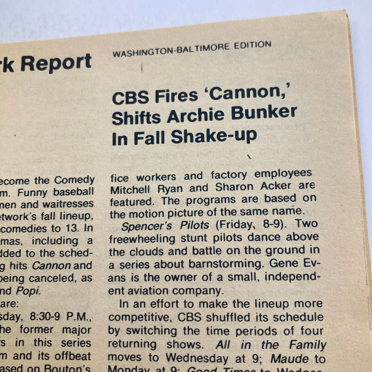 Image from TV Guide Magazine April 17 1976 featuring CBS staff report discussing the cancellation of the show 'Cannon' and changes in the fall lineup of the Washington-Baltimore edition.