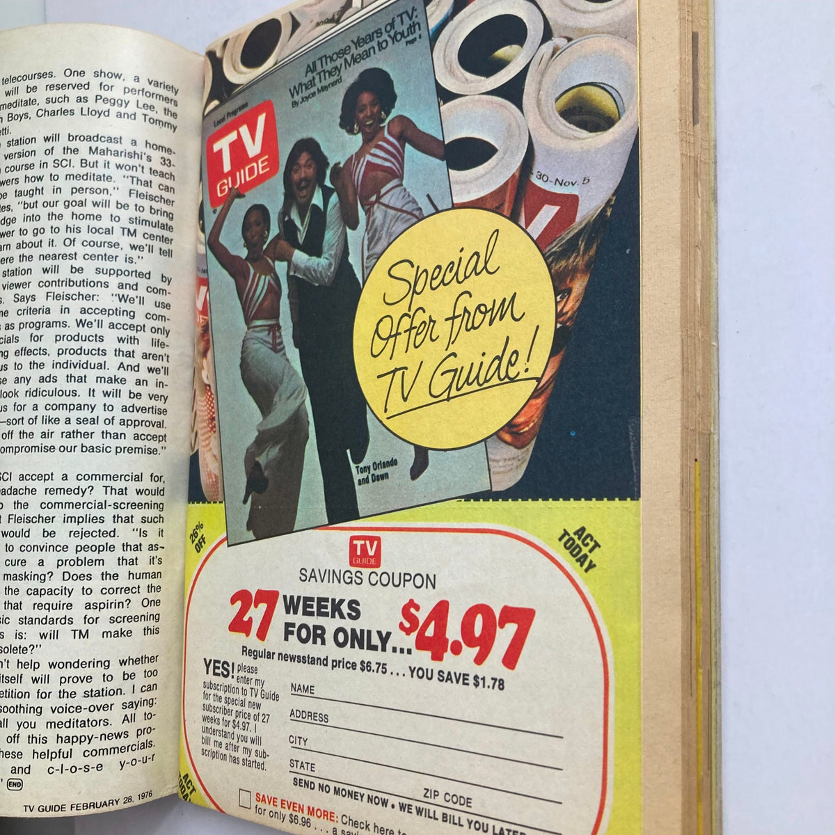 TV Guide Magazine February 28 1976 featuring a special offer with Tony Orlando and Dawn, showcasing retro advertisement for savings on subscriptions.
