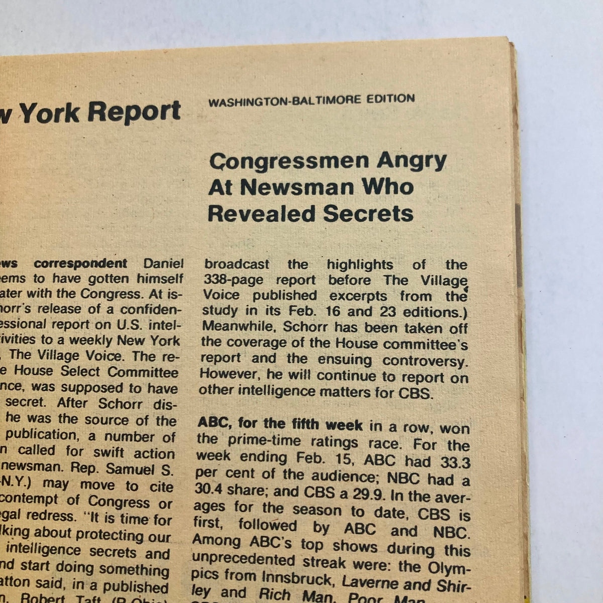 TV Guide Magazine February 28 1976, featuring a New York report discussing Congressmen's reactions to a newsman revealing secrets, highlighting media history.