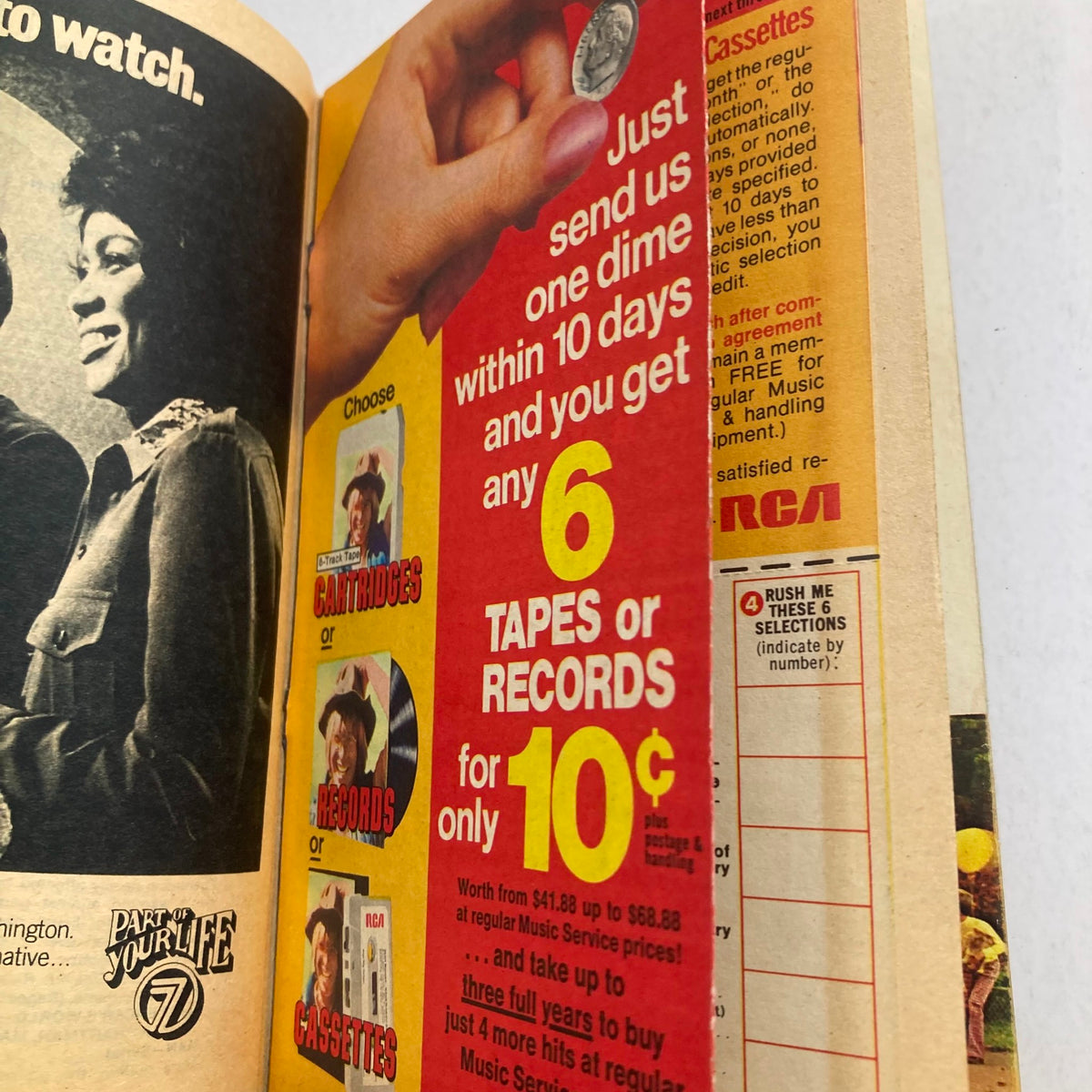 Advertisement for music tapes and records from TV Guide Magazine April 17 1976 Welcome Back, Kotter. The ad highlights a special offer of 6 tapes or records for only 10 cents, showcasing options for cassettes, cartridges, and records.
