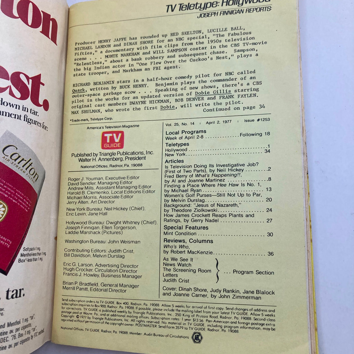 TV Guide Magazine April 2 1977 interior page detailing television program listings and featured articles, highlighting the magazine's role in 1970s pop culture.