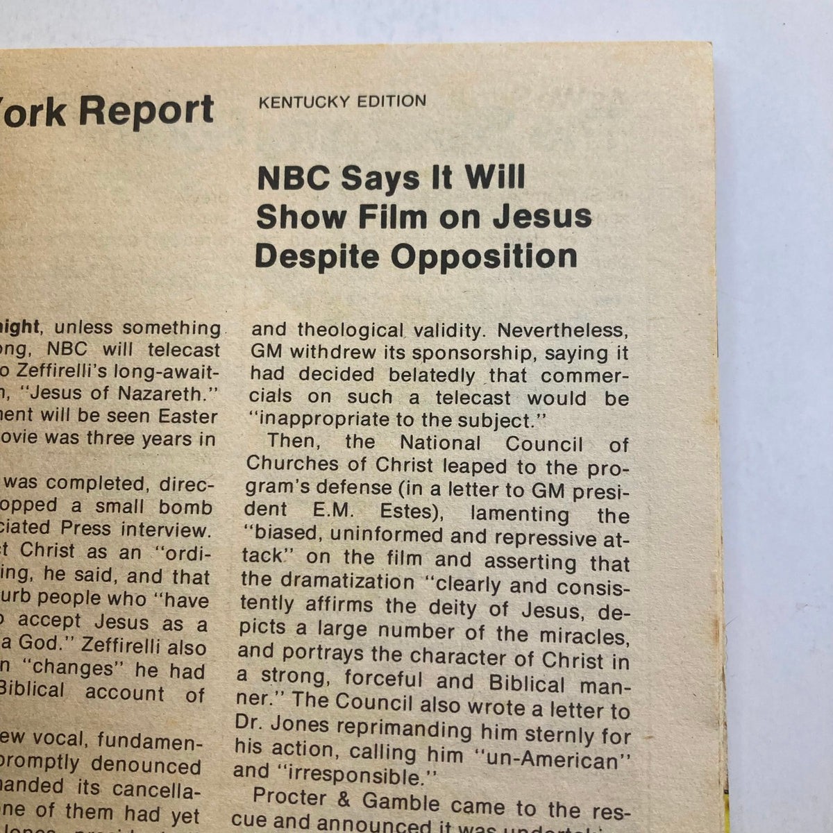 New York Report section from the TV Guide Magazine April 2 1977 featuring an article about NBC's film on Jesus, highlighting television history and pop culture in the 1970s, Kentucky Edition.