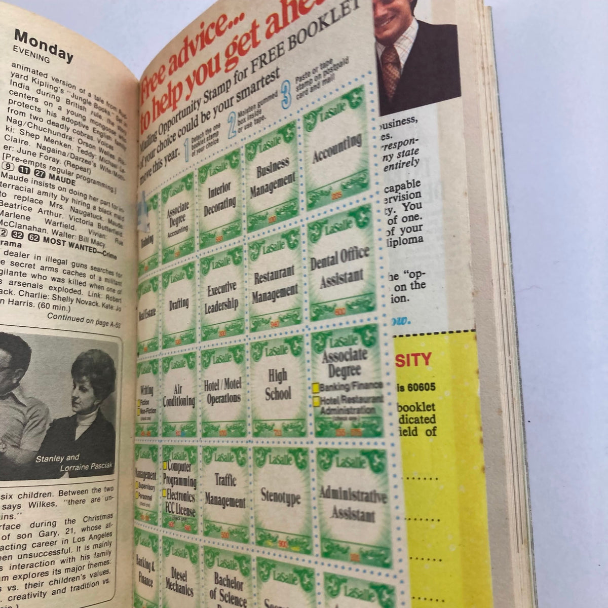 Inside page of TV Guide Magazine April 2 1977 showcasing a stamp collection advertisement and evening television schedule, capturing the essence of 1970s media culture, Kentucky Edition.