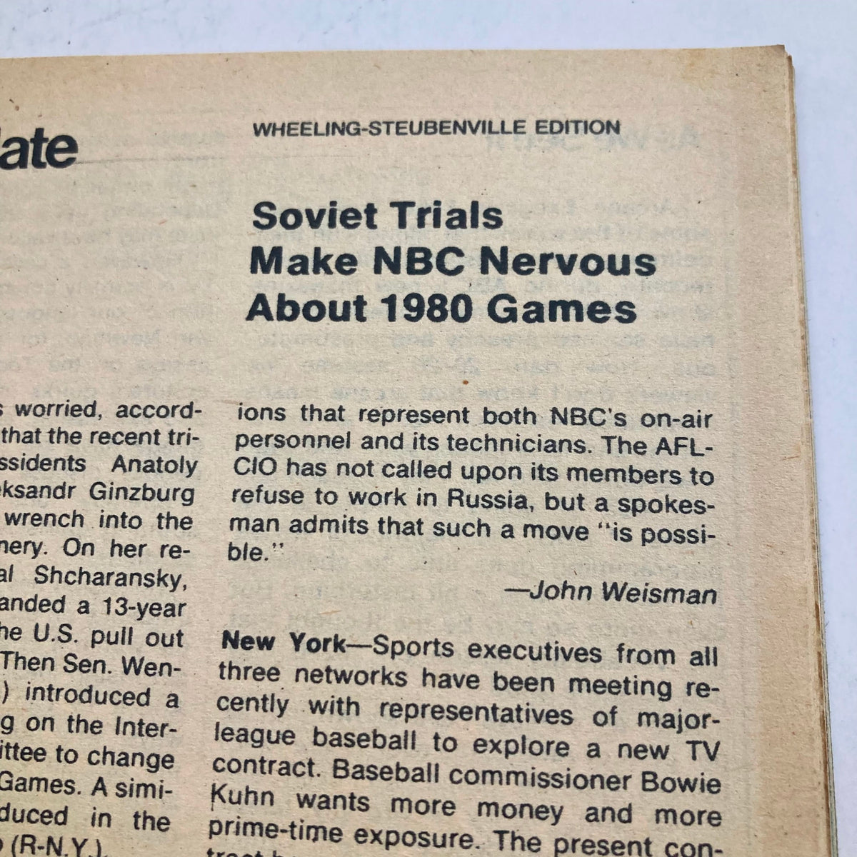 Page excerpt from TV Guide Magazine July 29 1978 discussing the Soviet Trials and their impact on NBC's coverage of the 1980 Games.